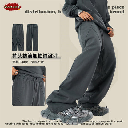 ZODF Retro 2024 Winter Patchwork Pants For Men Unisex Washed High Street 370gsm Oversized Double Knees Straight Trousers HY0878