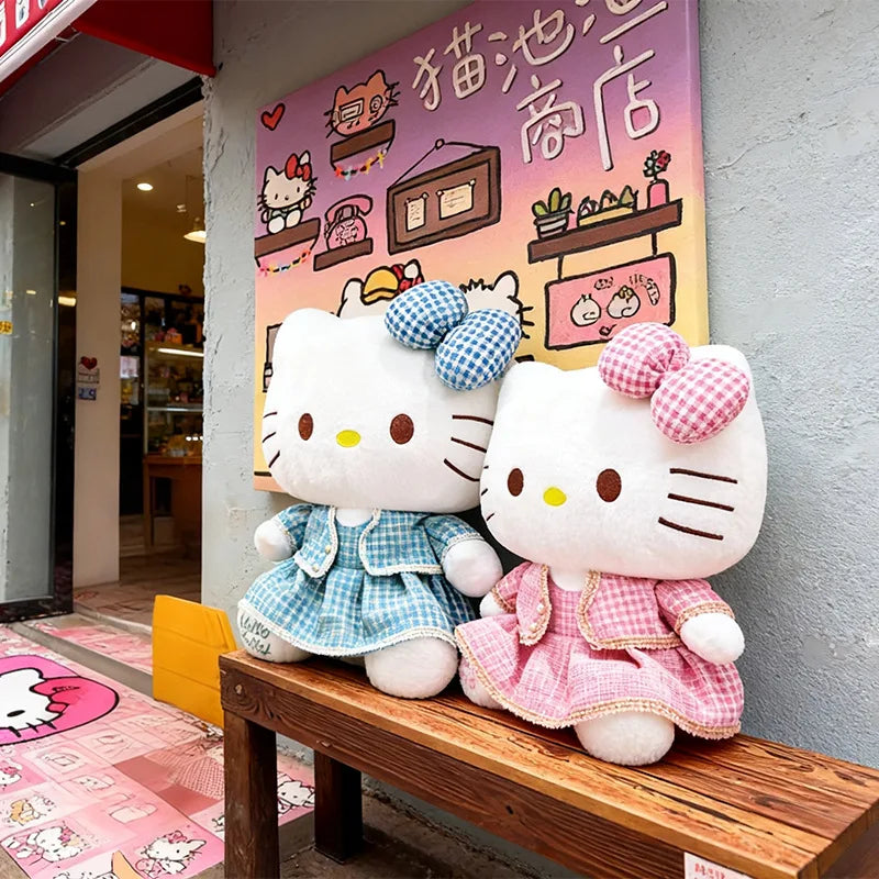 Sanrio Plush Cat Stuffed Animal Doll Large Checkered Skirt Kawaii Pillow Toy for Kids Birthday Christmas Gift for Girls Bedtime