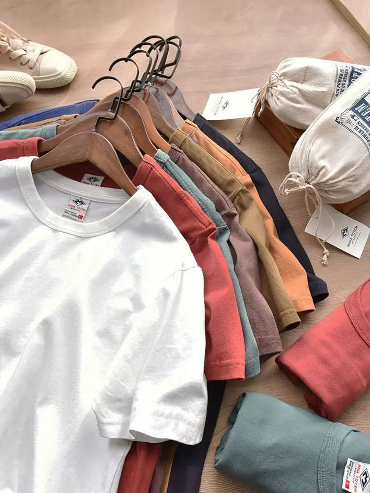 Summer New American Retro Short-sleeved O-neck Soild Color T-shirt Men's Fashion Simple 100% Cotton Washed Casual Sport Tops