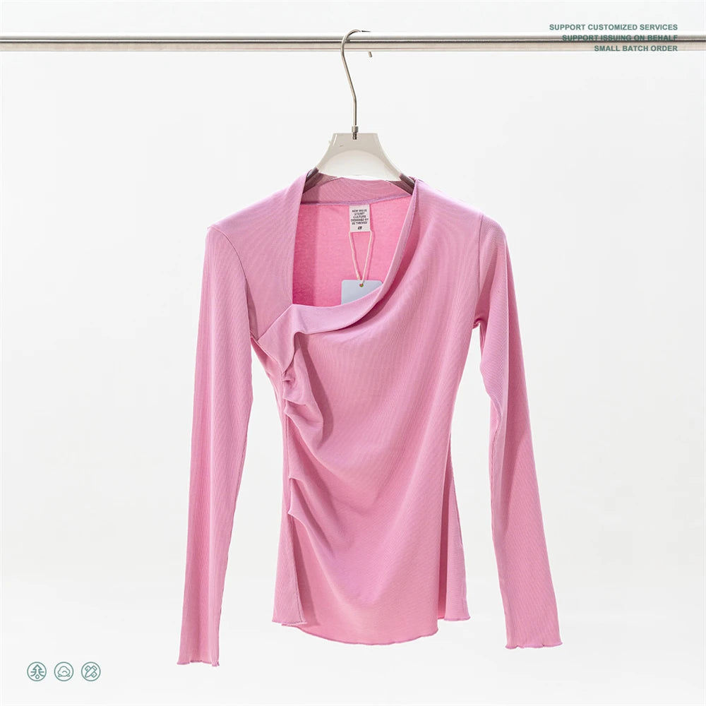 ZODF Retro Sexy Women Autumn Washed 275gsm T Shirt Ladies Girls Distressed Side Pleated Full Sleeve T-Shirts Tees HY1107