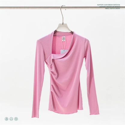 ZODF Retro Sexy Women Autumn Washed 275gsm T Shirt Ladies Girls Distressed Side Pleated Full Sleeve T-Shirts Tees HY1107