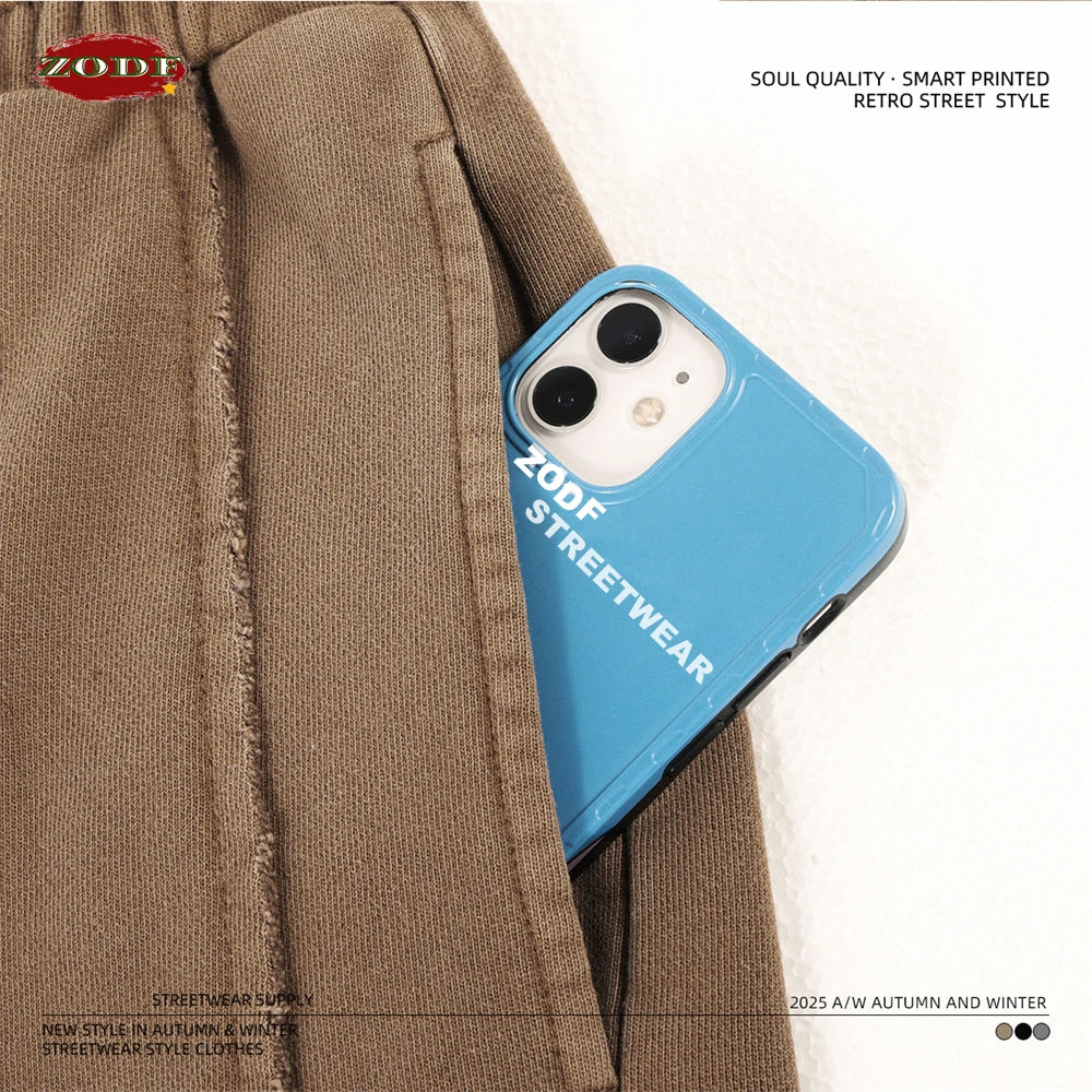 ZODF Retro Autumn Washed Loose Edge 430gsm Cotton Pants For Man Unisex Distressed Old Money Straight Patchwork Trousers HY1105