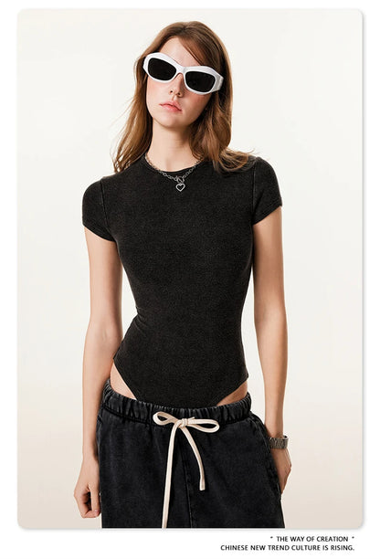 ZODF Hotsweet 2025 Women Washed Short Sleeve Bodysuits Sexy Girls Female 275gsm Slim Fit Distressed TEE Brand Tops HY1058