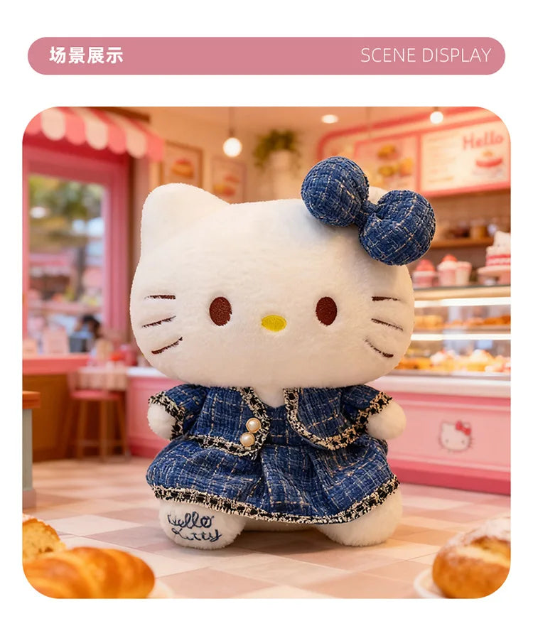 Sanrio Plush Cat Stuffed Animal Doll Large Checkered Skirt Kawaii Pillow Toy for Kids Birthday Christmas Gift for Girls Bedtime