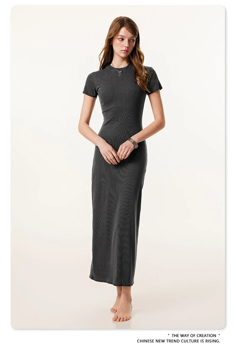 ZODF Sexy 2025 Spring Women 275gsm Long Dress Female Girls O Neck Washed Distressed Slim Slit Fit Dresses HY1008