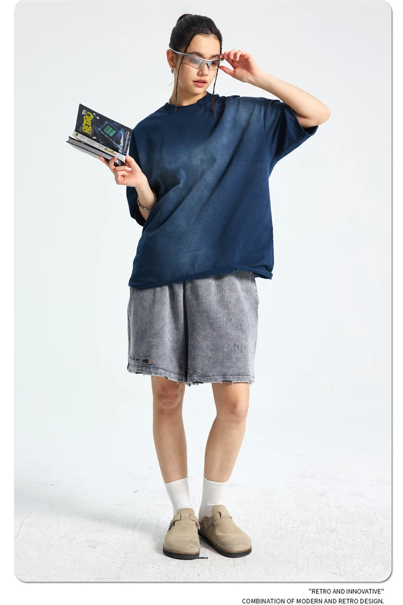 ZODF Retro Summer Men Washed 100% Cotton T-Shirts Unisex High Street Oversized Distressed Broken Neck T Shirt Brand Tees HY1050