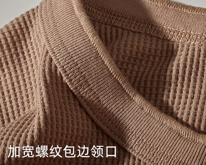 Autumn And Winter New American Heavyweight Retro Men's Waffle Long-sleeved T-shirt Loose Fashion Henley Collar Bottoming-shirt