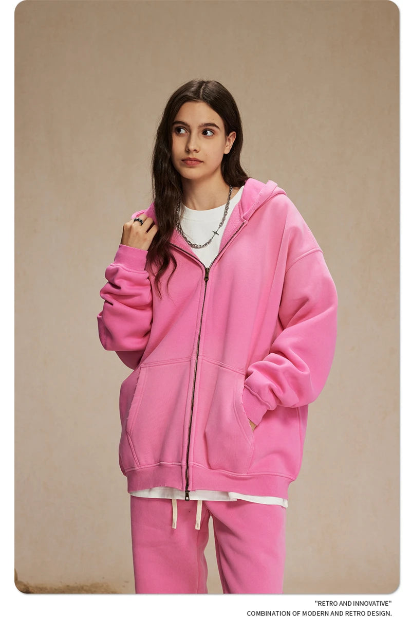 ZODF Retro Winter Men Spray-Dyed Zipper Hoodies Unisex Loose 360gsm Zipper Fleece Hooded Sweatshirt Pullovers Coats HY0719