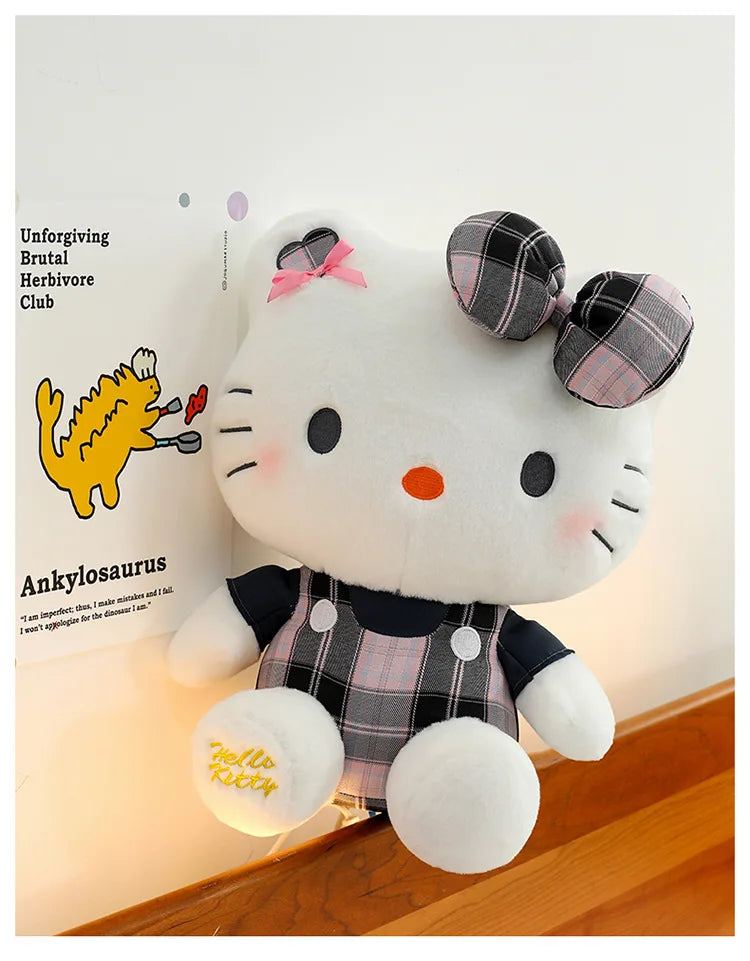 Sanrio Hello Kitty Plush Toy Retro Plaid Skirt Kitty Doll Stuffed Animal Creative Gift for Kids Birthday Christmas Girls Pillow