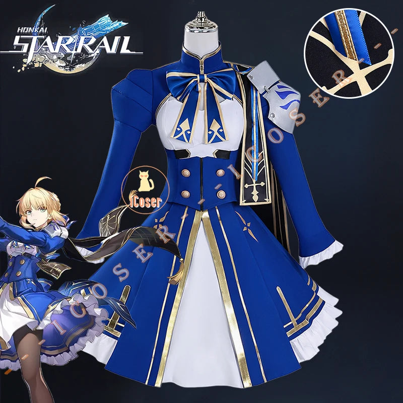 iCoser Honkai Star Rail Fate Saber Cosplay Costume Wig Blue Dress Uniform Outfit Halloween Party for Women Girls Carnival Props