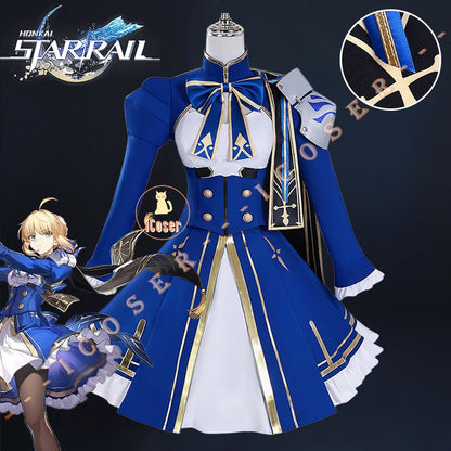 iCoser Honkai Star Rail Fate Saber Cosplay Costume Wig Blue Dress Uniform Outfit Halloween Party for Women Girls Carnival Props