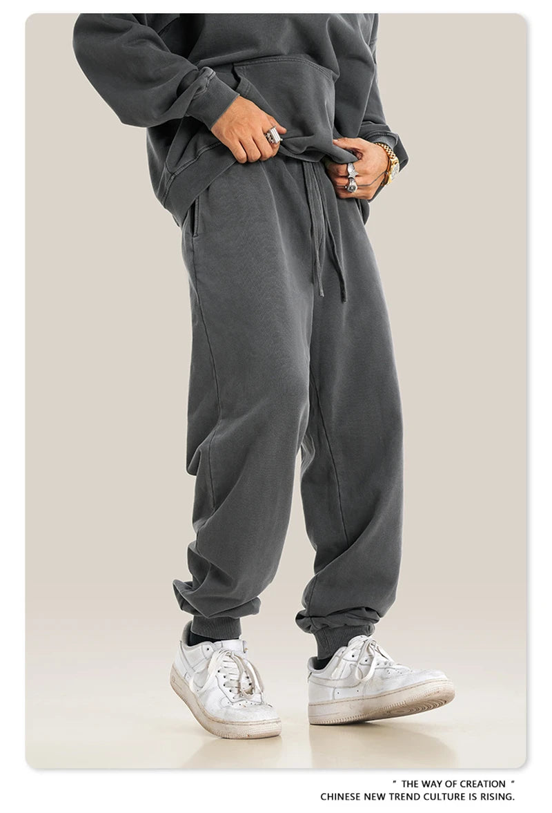 ZODF Retro Men Washed 380gsm 100% Cotton Sweatpant Unisex Loose Sport Solid Joggers Pants For Spring Autumn  HY0901