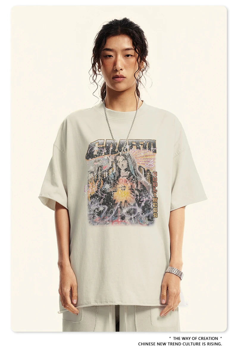 ZODF 2024 Summer 310GSM Cotton T-Shirts For Men Unisex Washed Comfortable High Street Printing T Shirt Tees HY0463