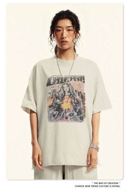 ZODF 2024 Summer 310GSM Cotton T-Shirts For Men Unisex Washed Comfortable High Street Printing T Shirt Tees HY0463