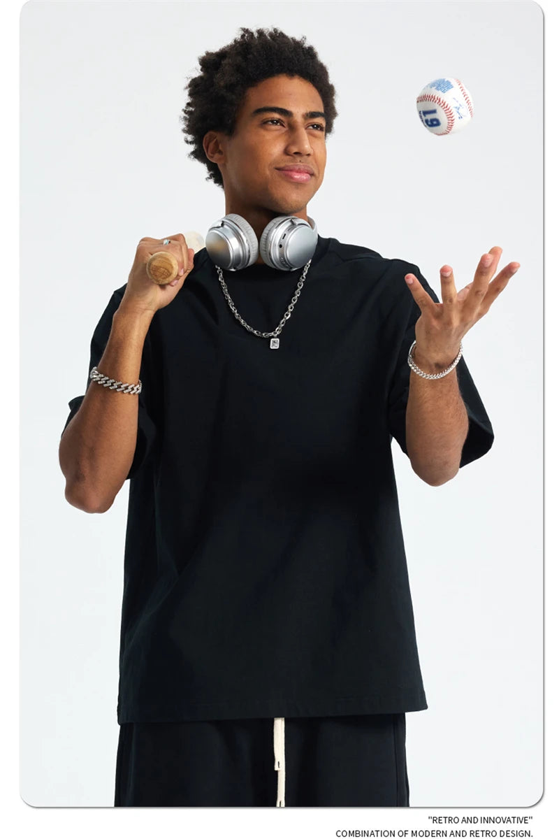 ZODF Trendy 2025 Men 275gsm Cotton T-Shirts Unisex Summer Patchwork Solid O Neck T Shirt Brand Tees HY1045