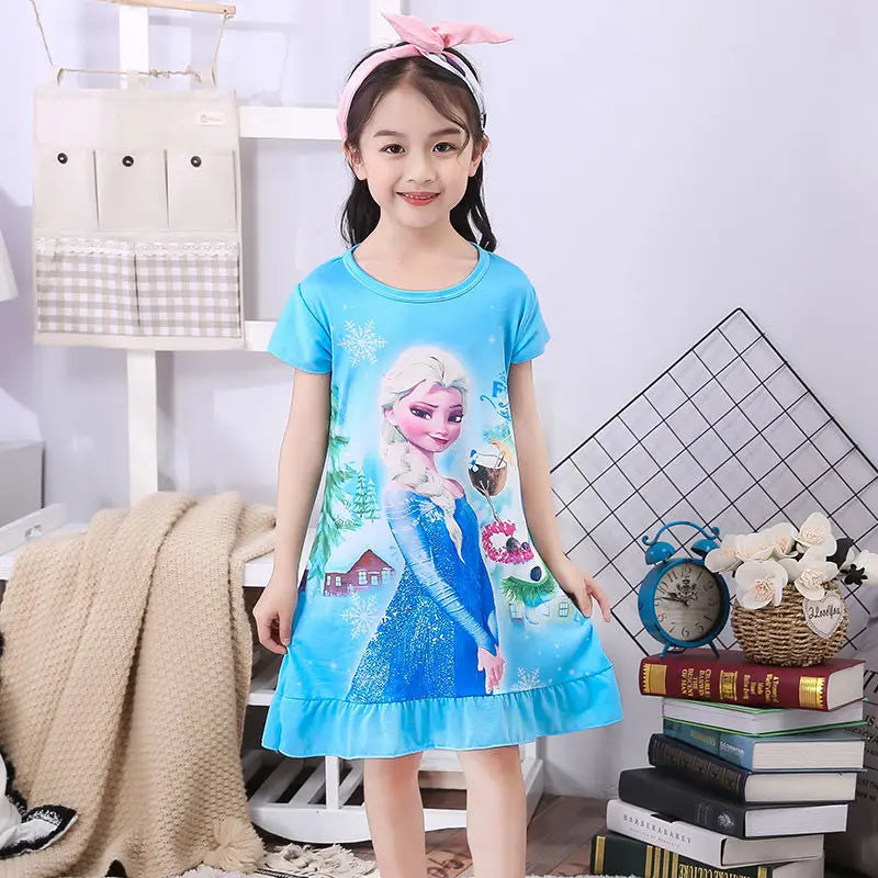 Girls Night Dress Summer Cartoon Snow White Frozen Princess Elsa Mermaid Print Toddler Girl Nightgown for Teens