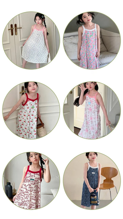 Girl Night Dress Children's Pajamas Sleepwear Teen Girls Nightgown 2 to 12 13 14 Years Blue Floral Summer Sleeveless Cartoon Pjs