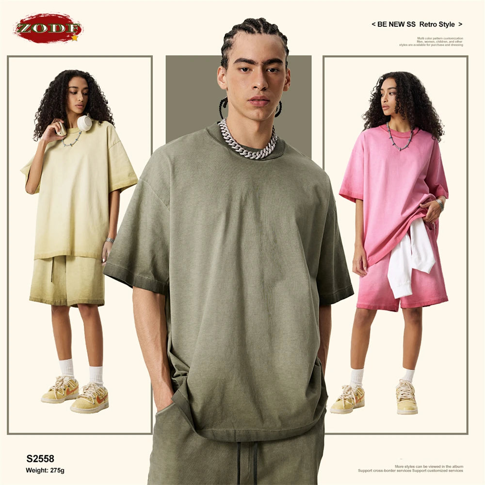 ZODF 2025 Summer Washed 275gsm Solid Cotton T-shirt For Men Unisex Oversized Short Sleeve T Shits Brand Tops HY0981