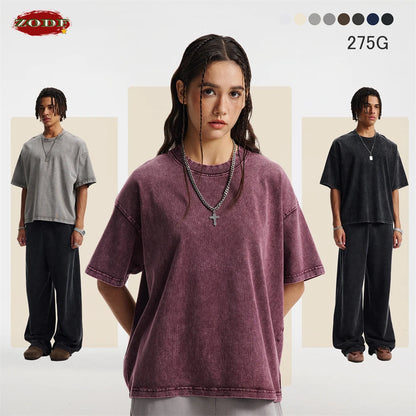ZODF New Hip Hop Washed Cotton Boxy T-Shirts For Men Unisex Retro Loose Fit Basic Short Version T Shirt Brand Tops HY1076