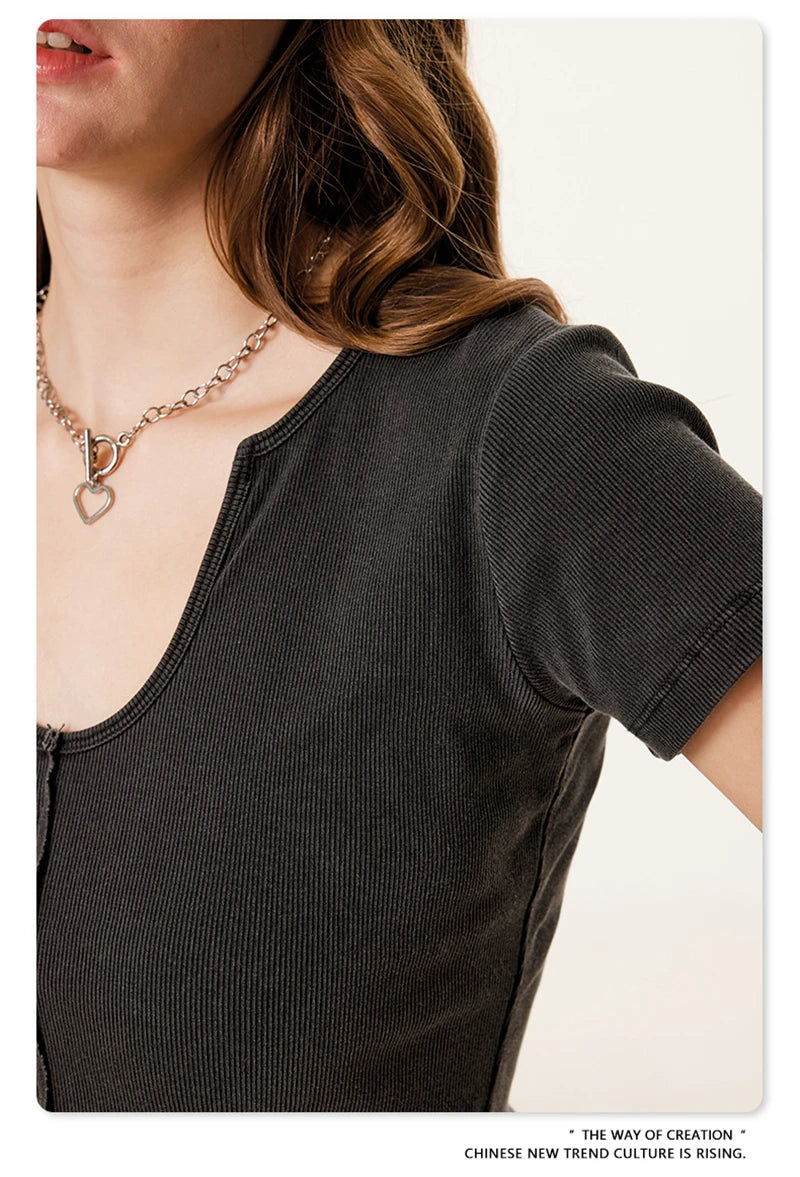 ZODF Women Retro 2025 Summer 275gsm U Collar Washed T-Shirts Hotsweet Girls Sexy Slim Fit T Shirt Brand Tees HY0992