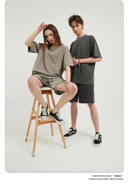 ZODF Men 2024 Retro Summer Washed Solid Cotton T-Shirts Unisex Retro Loose High Street 250gsm Basic Tees Streerwears HY0075