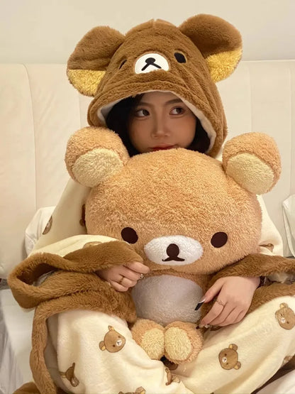 Rilakkuma Women'S Fleece-Lined Thickened Robe Coral Fleece Flannel Hooded Home Clothes Warm Nightgowns Casual Wear For Going Out