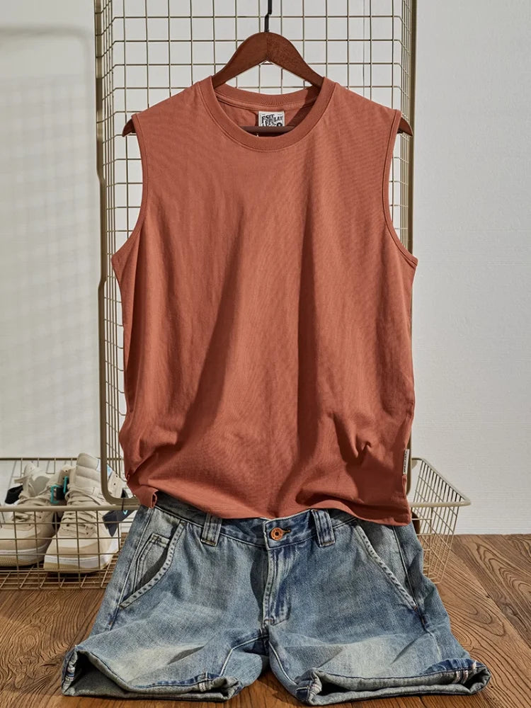 Summer New American Retro Sleeveless O-neck Soild Color T-shirt Men's Fashion 100% Cotton Washed Old Casual Sports Vest Tops