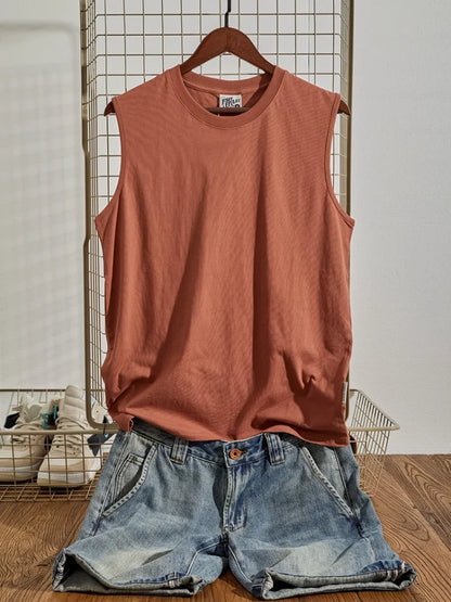 Summer New American Retro Sleeveless O-neck Soild Color T-shirt Men's Fashion 100% Cotton Washed Old Casual Sports Vest Tops
