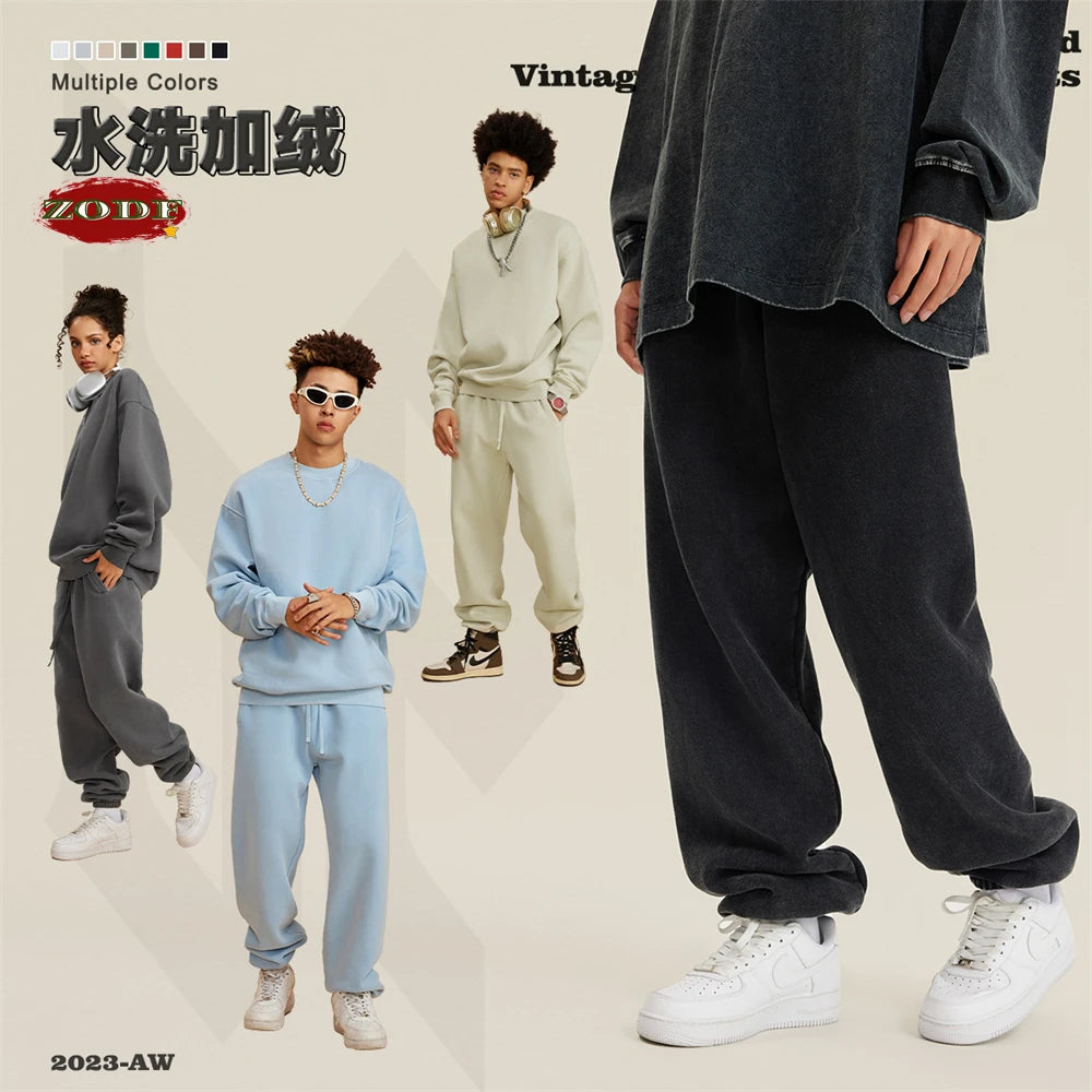 ZODF 2025 Autumn Winter Men’s Washed Fleece Sweatpants 355gsm Loose Retro Joggers Streetwear HY0653