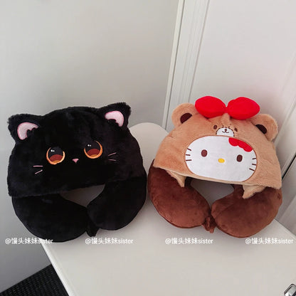 Kawaii Hello Kitty Neck Support Pillow with Hat Soft Plush Travel U-Shaped Pillow Nap Sleeping Cartoon Comfortable Journeys Girl