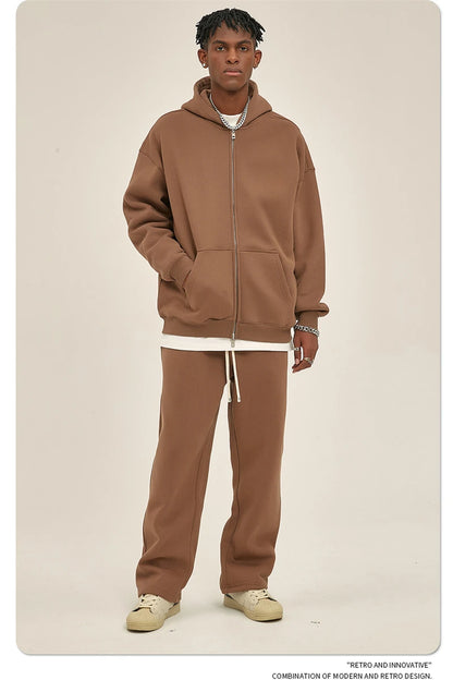 ZODF New Men Double Headed Zipper Fleece Hoodies Unisex Loose Basic Solid Warm Hooded Sweatshirts Coats For Winter HY0633