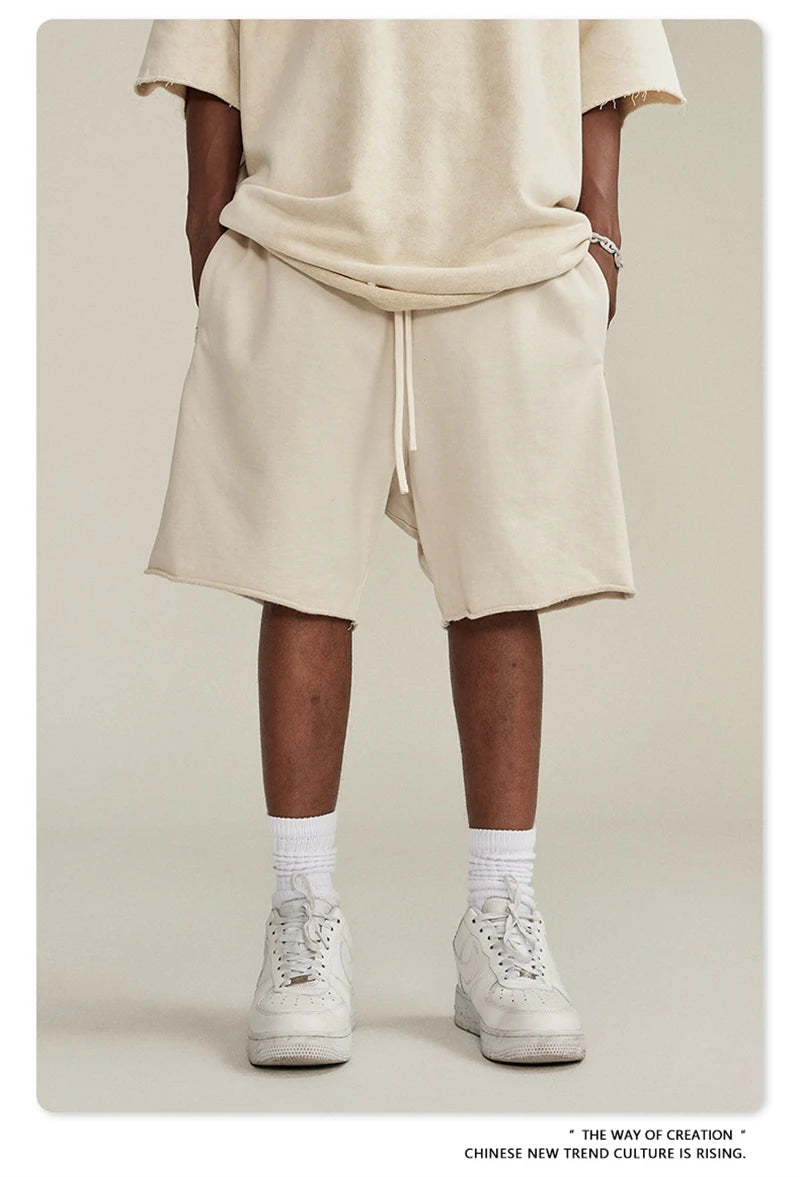ZODF New Summer Men Retro Washed Shorts Unisex Drawstring Loose Edge 420gsm Solid Knee Length Cotton Pants Streetwears HY0589