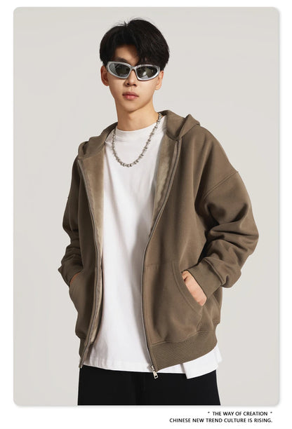 ZODF New Winter Men Zipper Fleece Hoodies Unisex Loose Heavy Weight Thick Warm Basic 420gsm Hooded Coats Hoodie HY0747