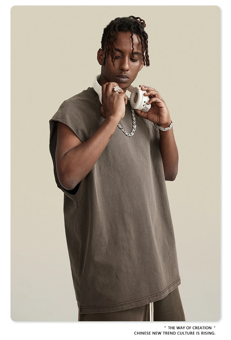 ZODF American Retro Men Washed Solid Tank Tops Women Unisex Loose Edge 275gsm Cotton Sleeveless Tees Brand Streetwears HY0503