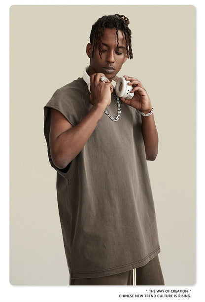 ZODF American Retro Men Washed Solid Tank Tops Women Unisex Loose Edge 275gsm Cotton Sleeveless Tees Brand Streetwears HY0503