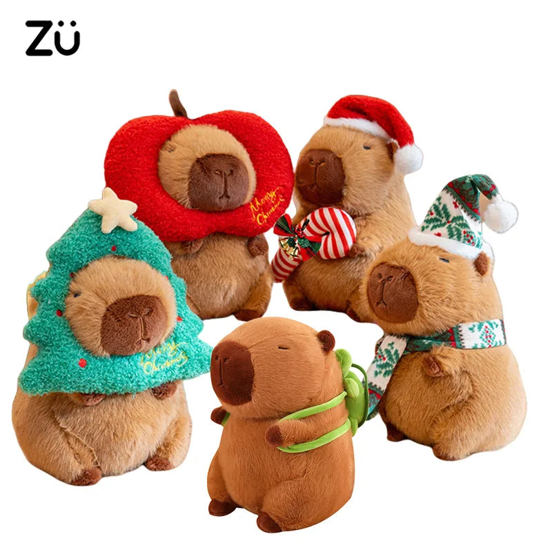 New 23-25cm Xmas Capybara Plushies Kawaii Capibara with Hat Apple Scarf Decor Soft Plush Toy Christmas Gift For Kids Children