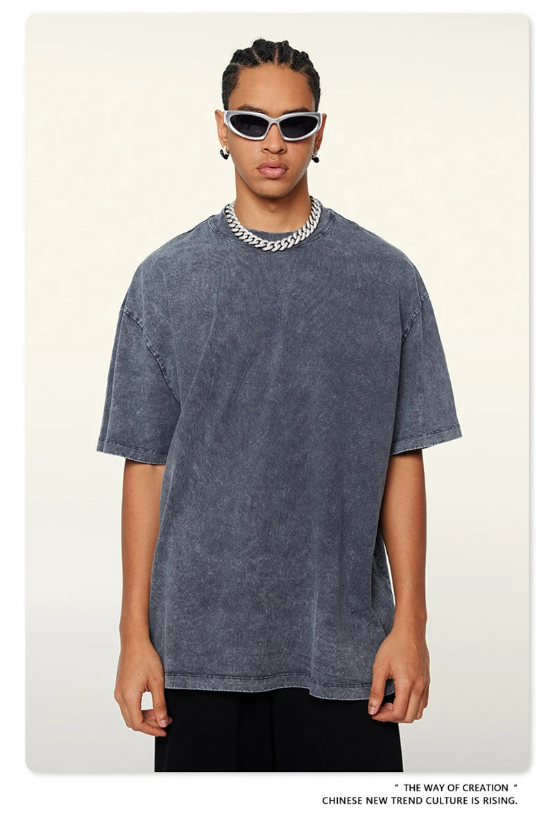 ZODF New Summer Men Washed Batik Cotton T Shirts Unisex American Retro High Street 270gsm Short Sleeve Tees Streetwear HY0489