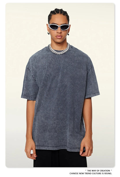 ZODF New Summer Men Washed Batik Cotton T Shirts Unisex American Retro High Street 270gsm Short Sleeve Tees Streetwear HY0489