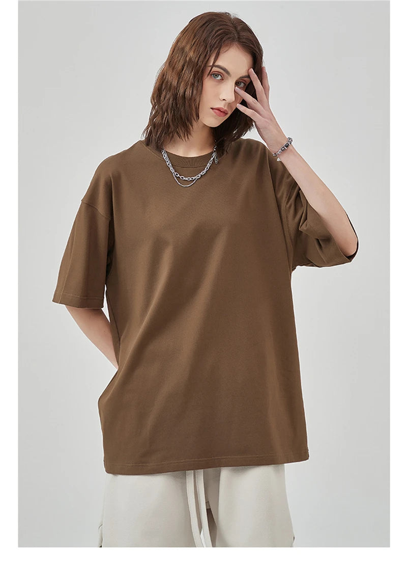 ZODF New Summer Men 275gsm Cotton T Shirts Unisex Women High Street Oversized FG Noshrink Solid T-Shirt Streetwears HY0152