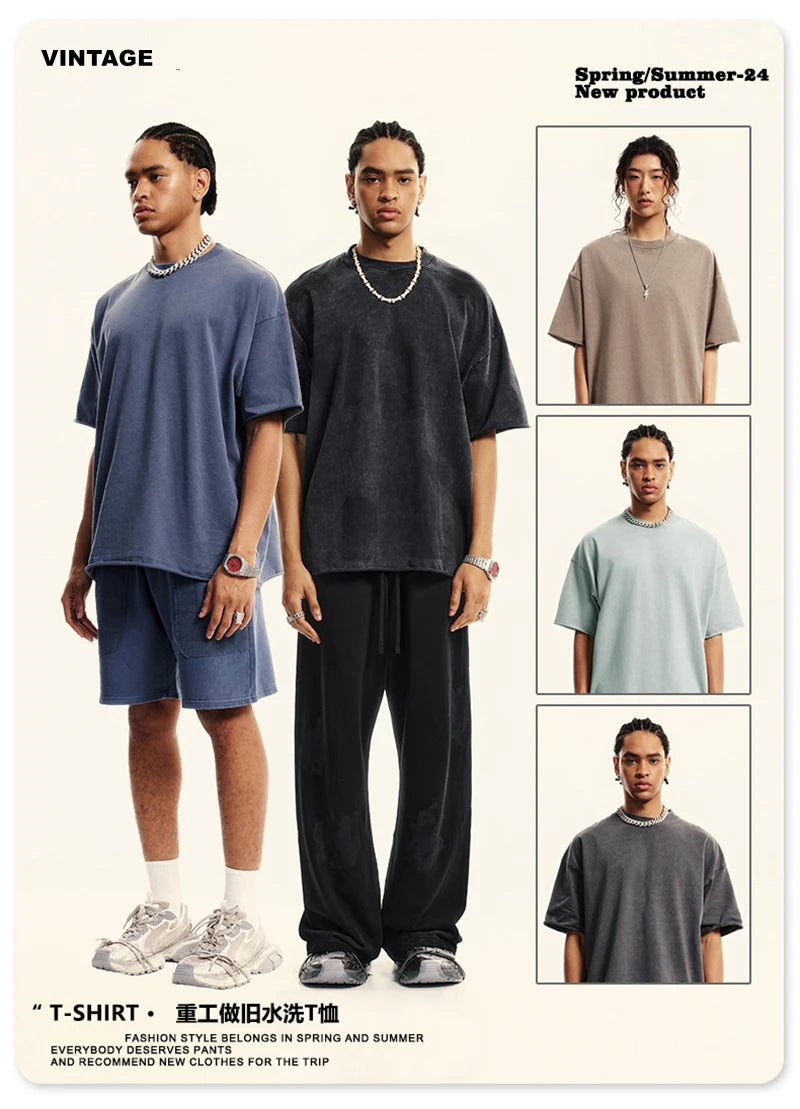 ZODF Retro 2024 Summer Men Washed Cotton T-Shirts  Unisex Women 310gsm Distressed Hem Loose Edge T Shirt Brand Tees HY0808