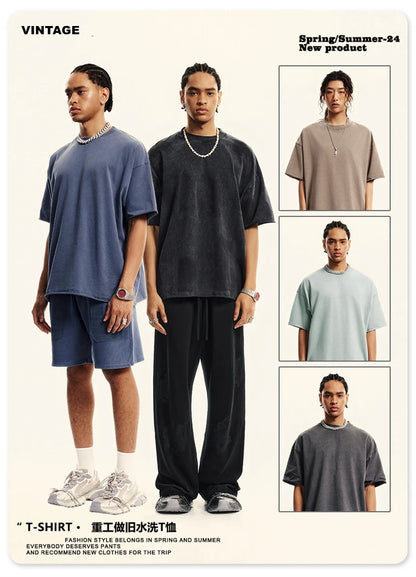 ZODF Retro 2024 Summer Men Washed Cotton T-Shirts  Unisex Women 310gsm Distressed Hem Loose Edge T Shirt Brand Tees HY0808