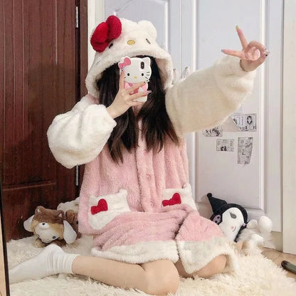 Aoger Hello Kitty Pajamas Women'S Autumn And Winter Coral Velvet Thickened Bathrobe Cute Winter Nightgown Long Women'S Suit