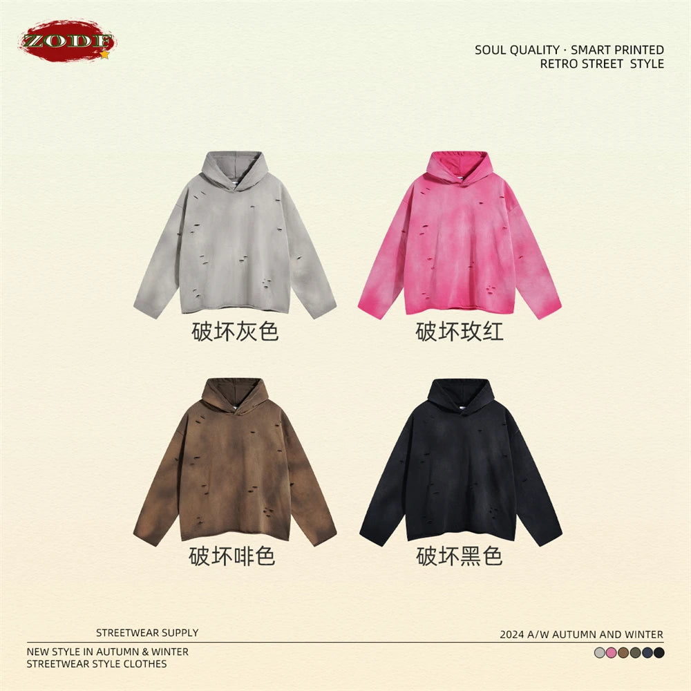 ZODF New Autumn Winter Men Monkey Washed Hoodies Unisex Disstressed Ripped Heavyweight Knitted 450gsm Hooded Pullovers HY0909