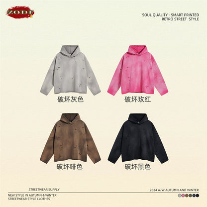 ZODF New Autumn Winter Men Monkey Washed Hoodies Unisex Disstressed Ripped Heavyweight Knitted 450gsm Hooded Pullovers HY0909