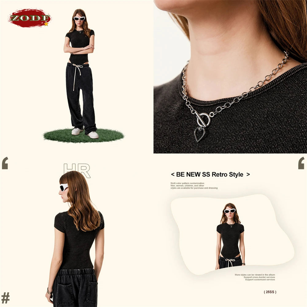 ZODF Hotsweet 2025 Women Washed Short Sleeve Bodysuits Sexy Girls Female 275gsm Slim Fit Distressed TEE Brand Tops HY1058