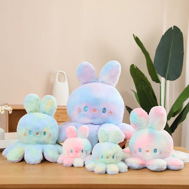 Kawaii Plush Flip Rainbow Cosplay Bunny Octopus Plush Toy Double Side Reversable Rabbit Plushie Peluche Doll  Cuddly Doll