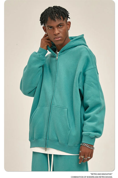 ZODF New Men Double Headed Zipper Fleece Hoodies Unisex Loose Basic Solid Warm Hooded Sweatshirts Coats For Winter HY0633