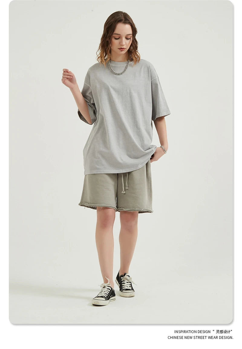 ZODF Men 2024 Retro Summer Washed Solid Cotton T-Shirts Unisex Retro Loose High Street 250gsm Basic Tees Streerwears HY0075