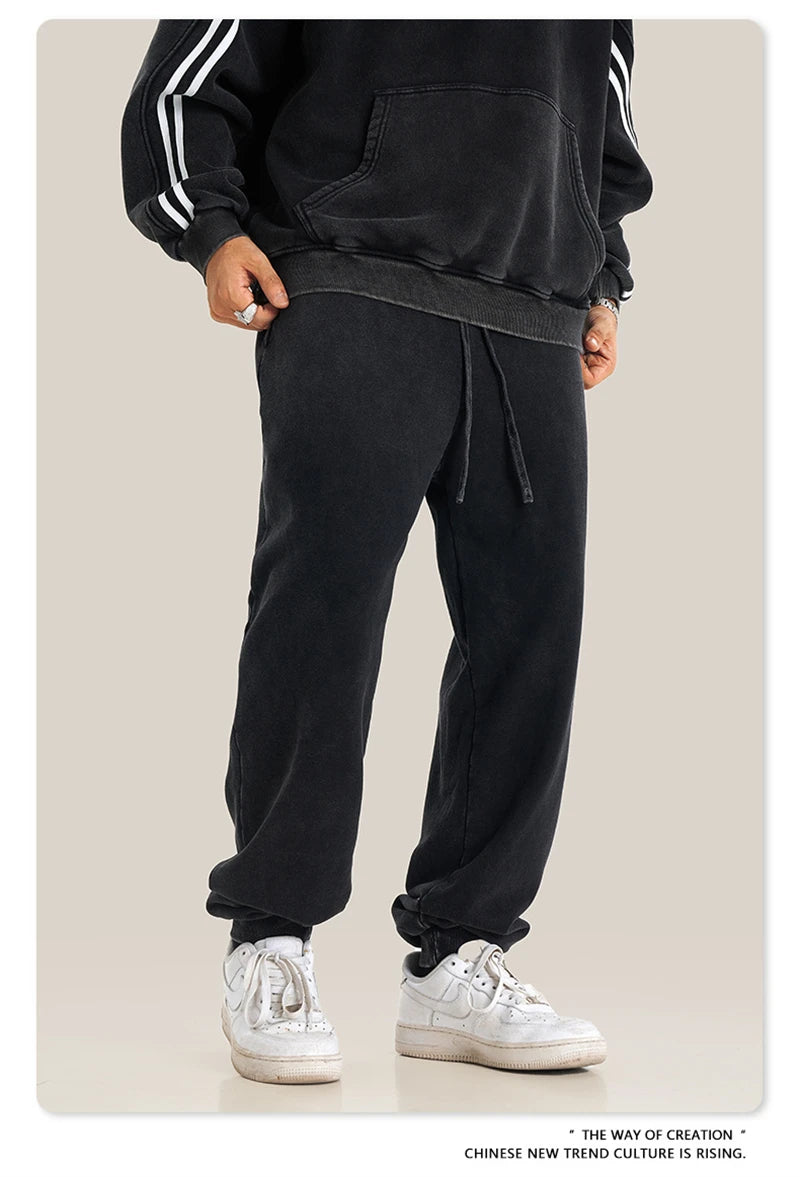ZODF Retro Men Washed 380gsm 100% Cotton Sweatpant Unisex Loose Sport Solid Joggers Pants For Spring Autumn  HY0901