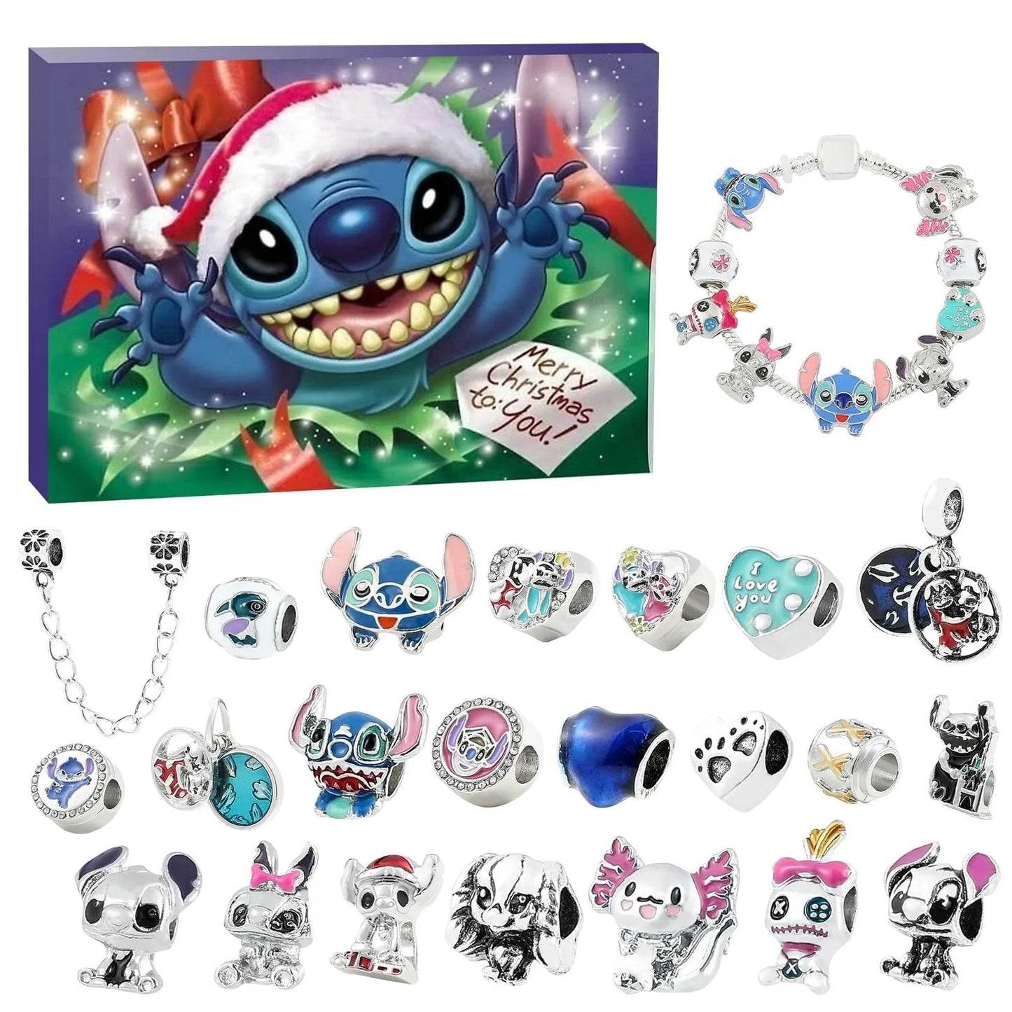 New Disney Stitch  24-Grid Christmas Countdown Calendar Blind Box - Alloy Bracelet Gift Set For Halloween & Xmas